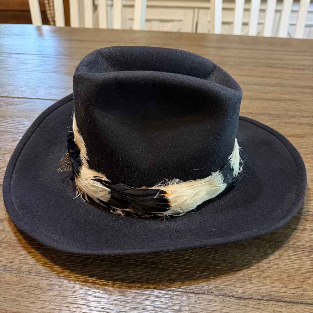 Vintage Black Wool Felt Cowboy Hat Feather Band Size 6 7/8 Western Boho Festival - Picture 7 of 10